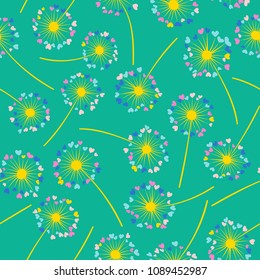 Dandelion isolated vector seamless valentine background pattern. Meadow flower illustration with heart shaped fluff. Floral pattern with dandelion blowing flower isolated. Blossom with love symbols.