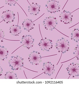Dandelion isolated vector seamless valentine background pattern. Meadow flower illustration with heart shaped fluff. Floral pattern with dandelion blowing flower isolated. Blossom with love symbols.
