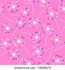 Dandelion isolated vector seamless valentine background pattern. Meadow flower illustration with heart shaped fluff. Floral pattern with dandelion blowing flower isolated. Blossom with love symbols.
