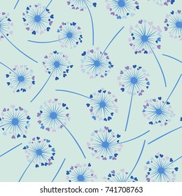 Dandelion isolated vector seamless valentine background pattern. Meadow flower illustration with heart shaped fluff. Floral pattern with dandelion blowing flower isolated. Blossom with love symbols.