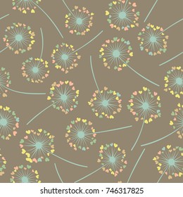 Dandelion isolated vector seamless valentine background pattern. Meadow flower illustration with heart shaped fluff. Floral pattern with dandelion blowing flower isolated. Blossom with love symbols.