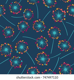 Dandelion isolated vector seamless valentine background pattern. Meadow flower illustration with heart shaped fluff. Floral pattern with dandelion blowing flower isolated. Blossom with love symbols.