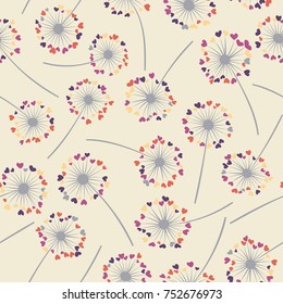 Dandelion isolated vector seamless valentine background pattern. Meadow flower illustration with heart shaped fluff. Floral pattern with dandelion blowing flower isolated. Blossom with love symbols.