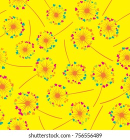 Dandelion isolated vector seamless valentine background pattern. Meadow flower illustration with heart shaped fluff. Floral pattern with dandelion blowing flower isolated. Blossom with love symbols.
