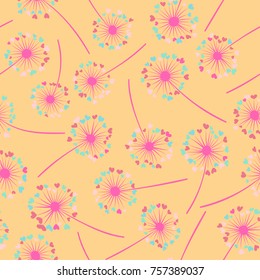 Dandelion isolated vector seamless valentine background pattern. Meadow flower illustration with heart shaped fluff. Floral pattern with dandelion blowing flower isolated. Blossom with love symbols.