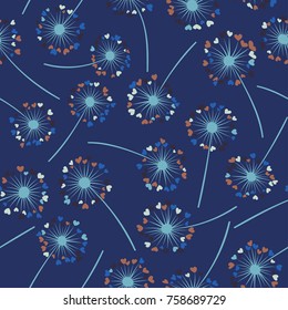Dandelion isolated vector seamless valentine background pattern. Meadow flower illustration with heart shaped fluff. Floral pattern with dandelion blowing flower isolated. Blossom with love symbols.