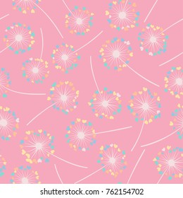 Dandelion isolated vector seamless valentine background pattern. Meadow flower illustration with heart shaped fluff. Floral pattern with dandelion blowing flower isolated. Blossom with love symbols.