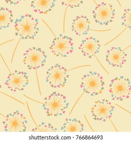 Dandelion isolated vector seamless valentine background pattern. Meadow flower illustration with heart shaped fluff. Floral pattern with dandelion blowing flower isolated. Blossom with love symbols.