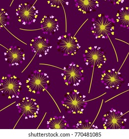 Dandelion isolated vector seamless valentine background pattern. Meadow flower illustration with heart shaped fluff. Floral pattern with dandelion blowing flower isolated. Blossom with love symbols.