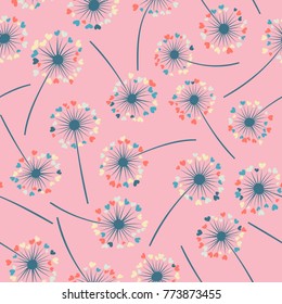 Dandelion isolated vector seamless valentine background pattern. Meadow flower illustration with heart shaped fluff. Floral pattern with dandelion blowing flower isolated. Blossom with love symbols.