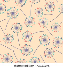 Dandelion isolated vector seamless valentine background pattern. Meadow flower illustration with heart shaped fluff. Floral pattern with dandelion blowing flower isolated. Blossom with love symbols.