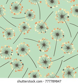 Dandelion isolated vector seamless valentine background pattern. Meadow flower illustration with heart shaped fluff. Floral pattern with dandelion blowing flower isolated. Blossom with love symbols.
