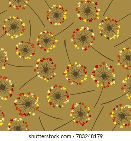 Dandelion isolated vector seamless valentine background pattern. Meadow flower illustration with heart shaped fluff. Floral pattern with dandelion blowing flower isolated. Blossom with love symbols.