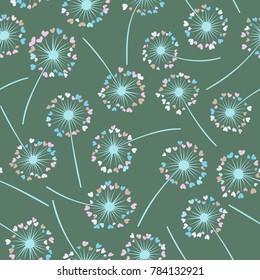 Dandelion isolated vector seamless valentine background pattern. Meadow flower illustration with heart shaped fluff. Floral pattern with dandelion blowing flower isolated. Blossom with love symbols.