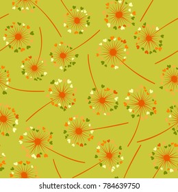 Dandelion isolated vector seamless valentine background pattern. Meadow flower illustration with heart shaped fluff. Floral pattern with dandelion blowing flower isolated. Blossom with love symbols.