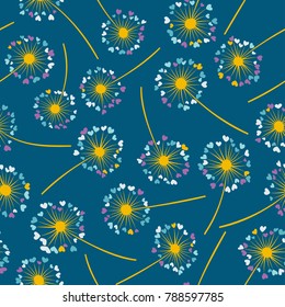 Dandelion isolated vector seamless valentine background pattern. Meadow flower illustration with heart shaped fluff. Floral pattern with dandelion blowing flower isolated. Blossom with love symbols.
