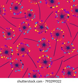 Dandelion isolated vector seamless valentine background pattern. Meadow flower illustration with heart shaped fluff. Floral pattern with dandelion blowing flower isolated. Blossom with love symbols.