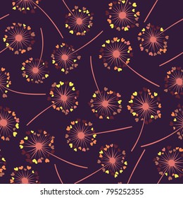 Dandelion isolated vector seamless valentine background pattern. Meadow flower illustration with heart shaped fluff. Floral pattern with dandelion blowing flower isolated. Blossom with love symbols.