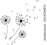 Dandelion line art minimal flower seed nature wind blowing botanical outline elegant illustration tattoo wildflower sketch aesthetic airy black white