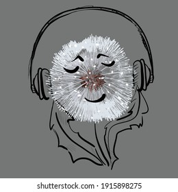 Dandelion listening music in earphones. Dandelion flower. Earphones sketch. Abstract vector illustration