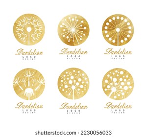 Juego de logos de Dandelion. Elegantes placas de acuarela dorada con flores. Spa, cosmética, boutique, etiquetas de tienda ilustración vectorial