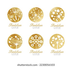 Dandelion logo set. Elegant flower golden watercolor badges vector illustration