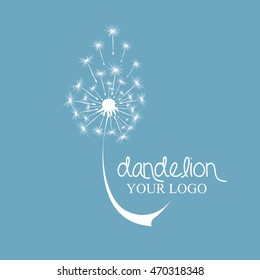 dandelion logo, white flying dandelion on blue