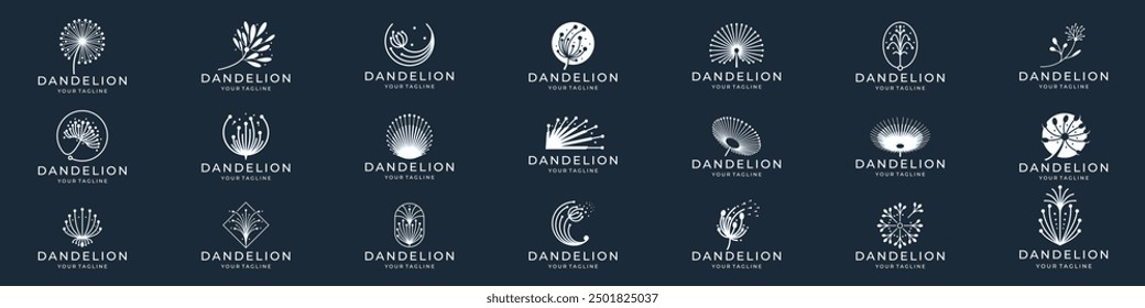 dandelion logos. Herbal leaves flowers vector for brand design. Brand and logo dandelion plant silhouette, logotype of company.