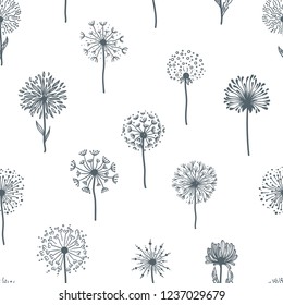 Dandelion old plant with seeds, monochrome sketches outline, seamless pattern