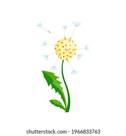 Dandelion on a branch with leaves. Vector cartoon illustration. Print.