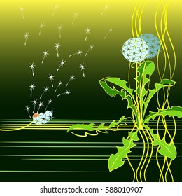 dandelion on a green background scattered with the wind