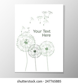 The dandelion on a wind loses the integrity. Vector brochure, book cover template.