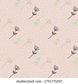 Dandelion outline abstract figures seamless doodle pattern. Pastel tone elements on light pink background with dots. For wallpaper, wrapping paper, textile print, fabric. Vector illustration.