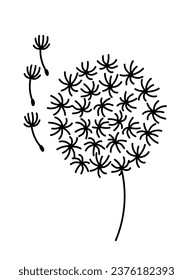 Elemento del logotipo dibujado a mano en el contorno de Dandelion. Icono botánico del doodle de hierbas. Planta herbaria y médica, hierba. Estilo moderno y sencillo. Ilustración del vector aislada en fondo blanco