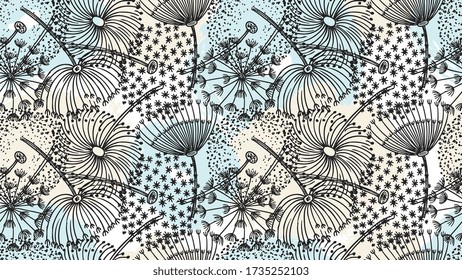 Dandelion pattern. Hand drawn flowers, brush elements background. Forest summer spring season sketch abstract dandelions vector seamless texture