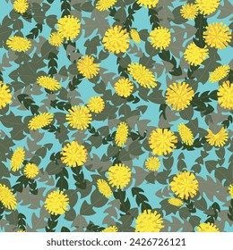 Dandelion plants with bright yellow blossoms and green leaves scattered on a blue background creating a vector seamless repeat pattern design.