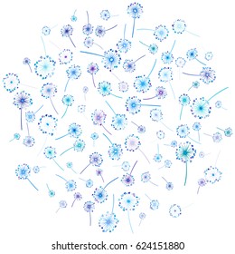 Dandelion print, round blue and white vector flower pattern. Floral circle background design, taraxacum plant. Blow ball, blowing dandelion flower with heart shaped feather illustration. Fireworks.