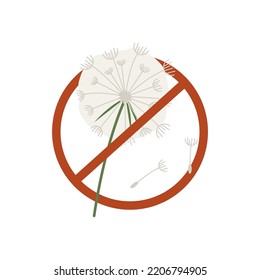 dandelion in red crossed circle icon. Allergy to dandelion, pollen. Flat vector illustration isolated on white background