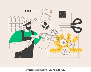 Dandelion removal abstract concept vector illustration. Garden maintenance, weed-free lawn, selective herbicides use, organic gardening, grass seed, lawn mowing, backyard abstract metaphor.