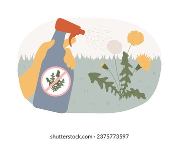 Extracción de Dandelion ilustración vectorial de concepto aislado. Mantenimiento de jardines, césped sin algas, uso selectivo de herbicidas, jardinería orgánica, semilla de hierba, siembra de césped, concepto de vectores de patio trasero.