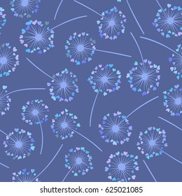 Dandelion seamless, blue vector flower pattern. Floral background design, taraxacum plant. Blow ball, blowing dandelion flower with heart shaped fluff illustration. Textile, fabric, wallpaper, print. 