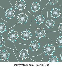 Dandelion seamless, blue vector flower pattern. Floral background design. Blow ball plant, blowing dandelion flower with heart shaped fluff illustration. Textile, fabric, wallpaper, print.