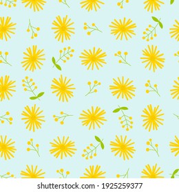 Dandelion seamless pattern. Cute spring floral print. Yellow flowers on light blue background. Fresh warm texture for baby fabric, wallpaper, wrapping.