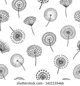 Dandelion seamless pattern. Dandelions grass pollen plant seeds blowing tranquil wind fluff flower macro nature vector spring texture. Dandelion seamless pattern, flower softness illustration