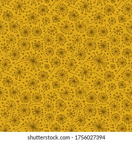 Patrón sin fisuras de Dandelion. Las semillas de plantas de polen de césped de Dandelions soplan una textura tranquila de flor de flor de flor de flor de flor de flor de flor. Ilustración vectorial plana mínima en estilo doodle para tela, diseño de moda en color ocre.