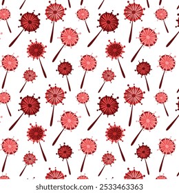 Dandelion Seamless. Dandelion Pattern. Dandelion Flowers on White Background. Elegant Dandelion Pattern Design. Bold Red Pattern. Vector Illustration.