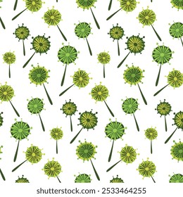 Dandelion Seamless. Dandelion Pattern. Dandelion Flowers on White Background. Elegant Dandelion Pattern Design. Bold Green Pattern. Vector Illustration.