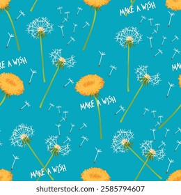  Dandelion seamless pattern with hand written Make a With. Blooming and faded flowers on blue background. Chaotically flying umbrellas of seeds. Vector design for textile, wallpaper, cover.