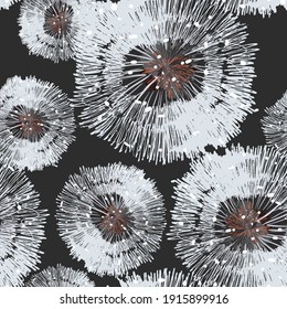 Dandelion seamless pattern. White dandelion flowers on dark background. Vector illustration