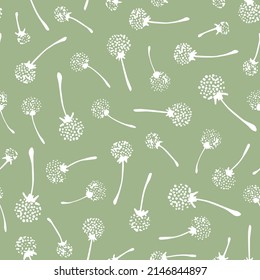 Dandelion seamless repeat pattern. Random placed, vector blowball all over surface print on sage green background.